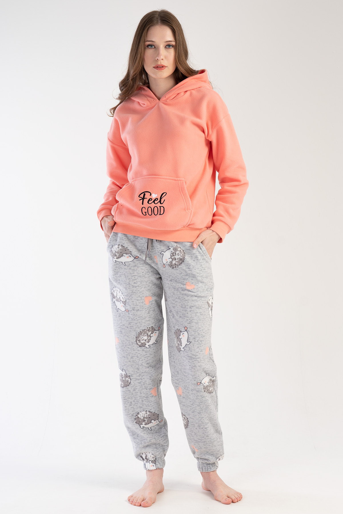 Kadın Polar Kapşonlu Uzun Kol Kanguru Cepli Paçası Büzgülü Kirpili Pijama Takım 