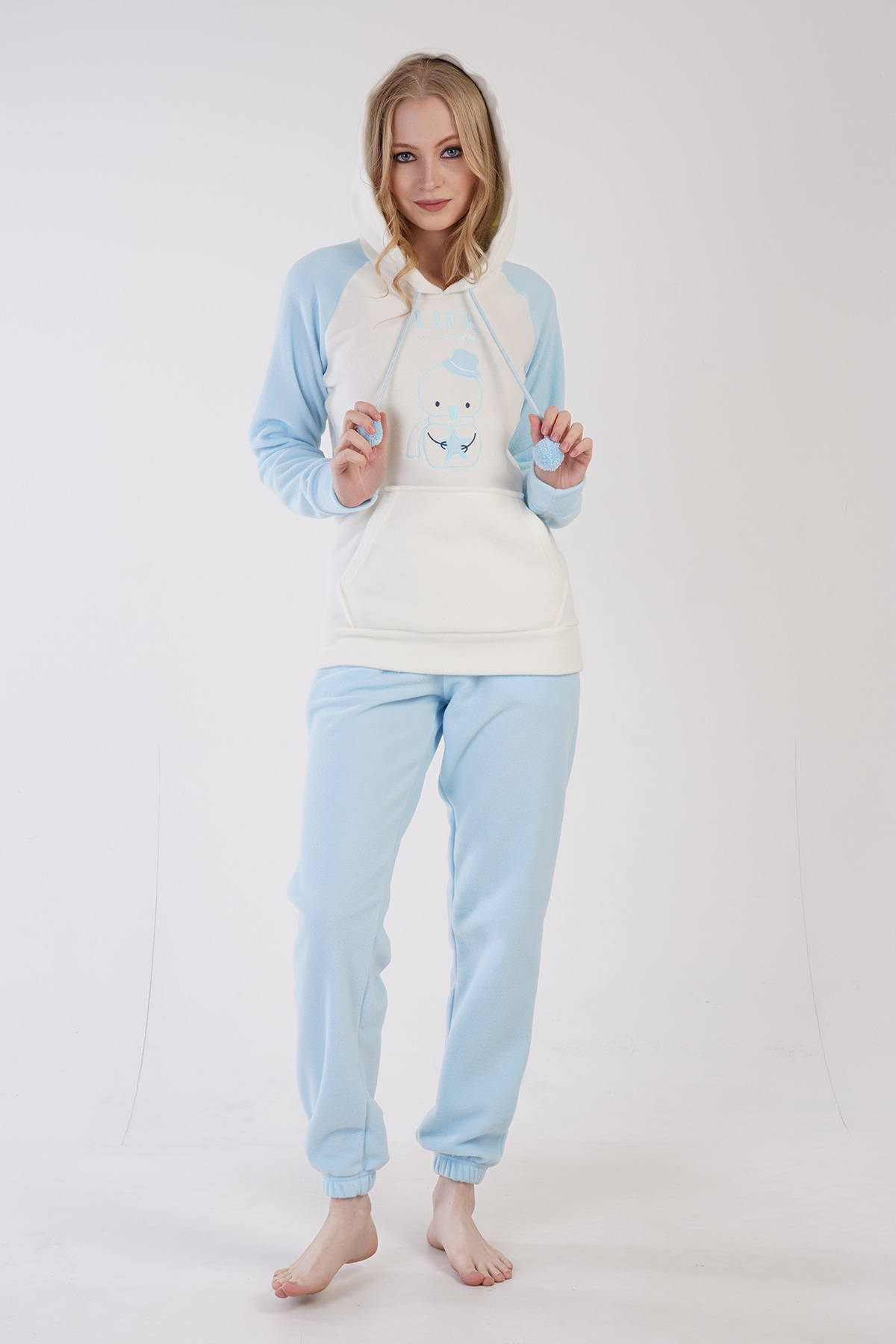 Kadın Polar Kapşonlu Uzun Kol Kanguru Cepli Paçası Büzgülü Pijama Takım