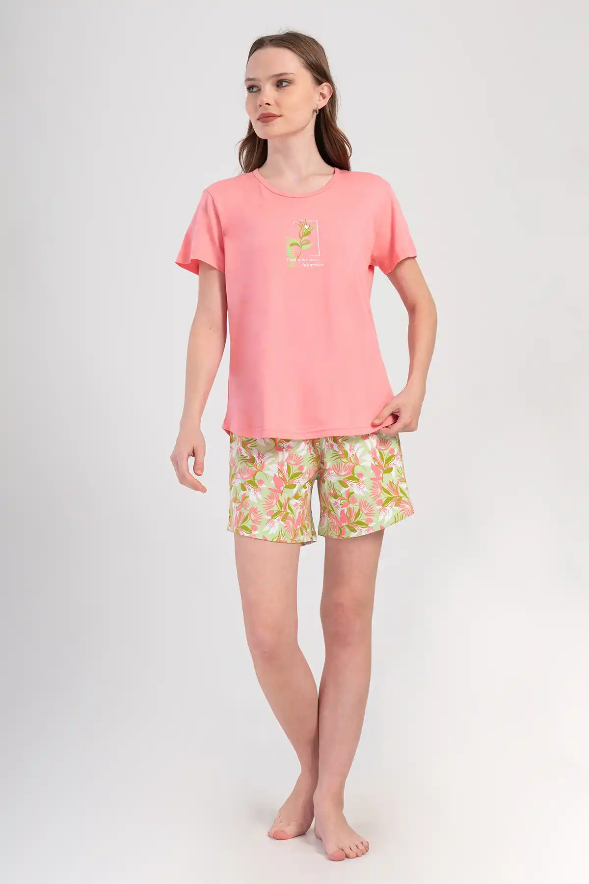 Kadın Süprem Açık Pembe Desenli Şortlu Pijama Takım