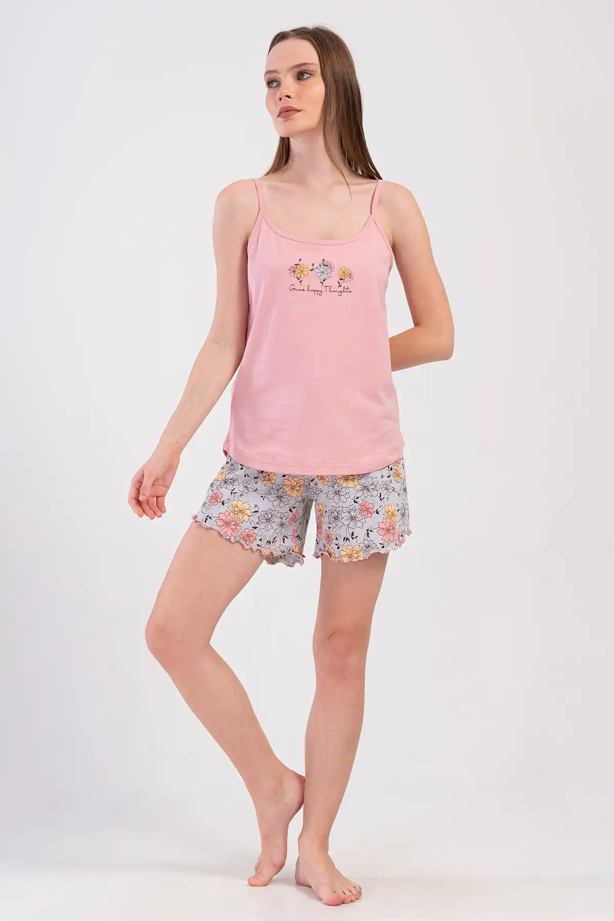Kadın Süprem Askılı Pembe Gri Çiçek Desenli Şortlu Pijama Takım
