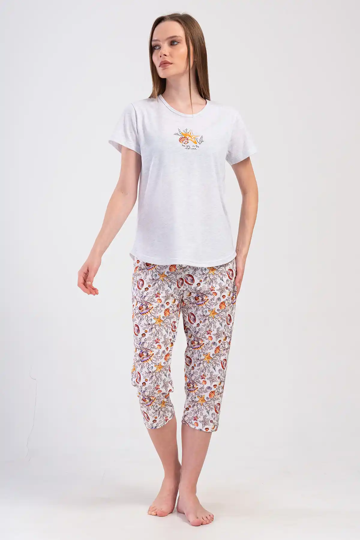 Kadın Süprem Gri Melanj Desenli Kısa Kollu Kapri Pijama Takım