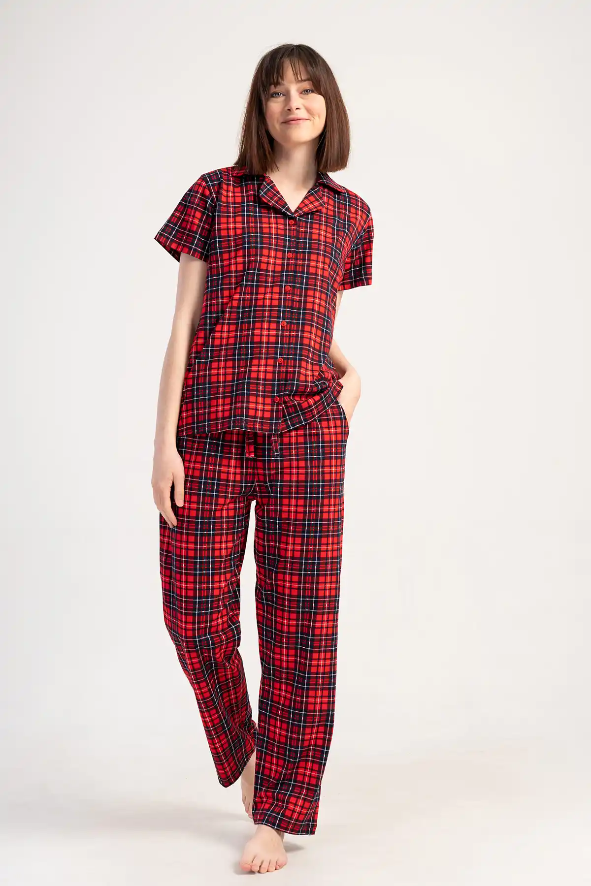 Kadın Süprem Kırmızı Ekoseli Gömlek Kısa Kollu Pijama Takım