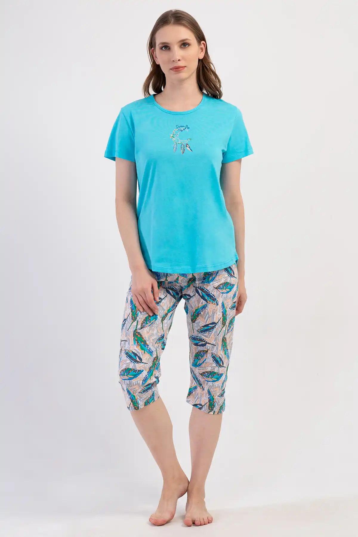 Kadın Süprem Mavi Desenli Kısa Kollu Kapri Pijama Takım