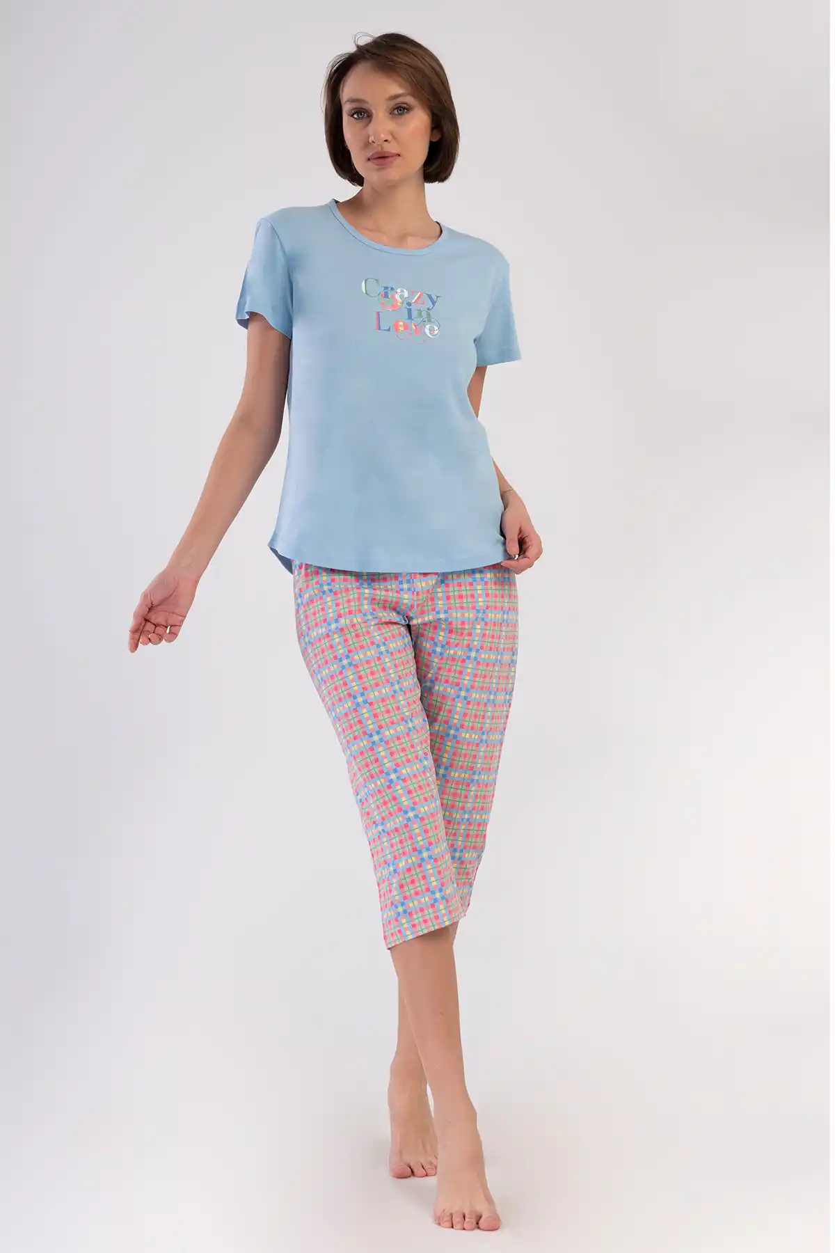 Kadın Süprem Mavi Ekoseli Kapri Pijama Takım