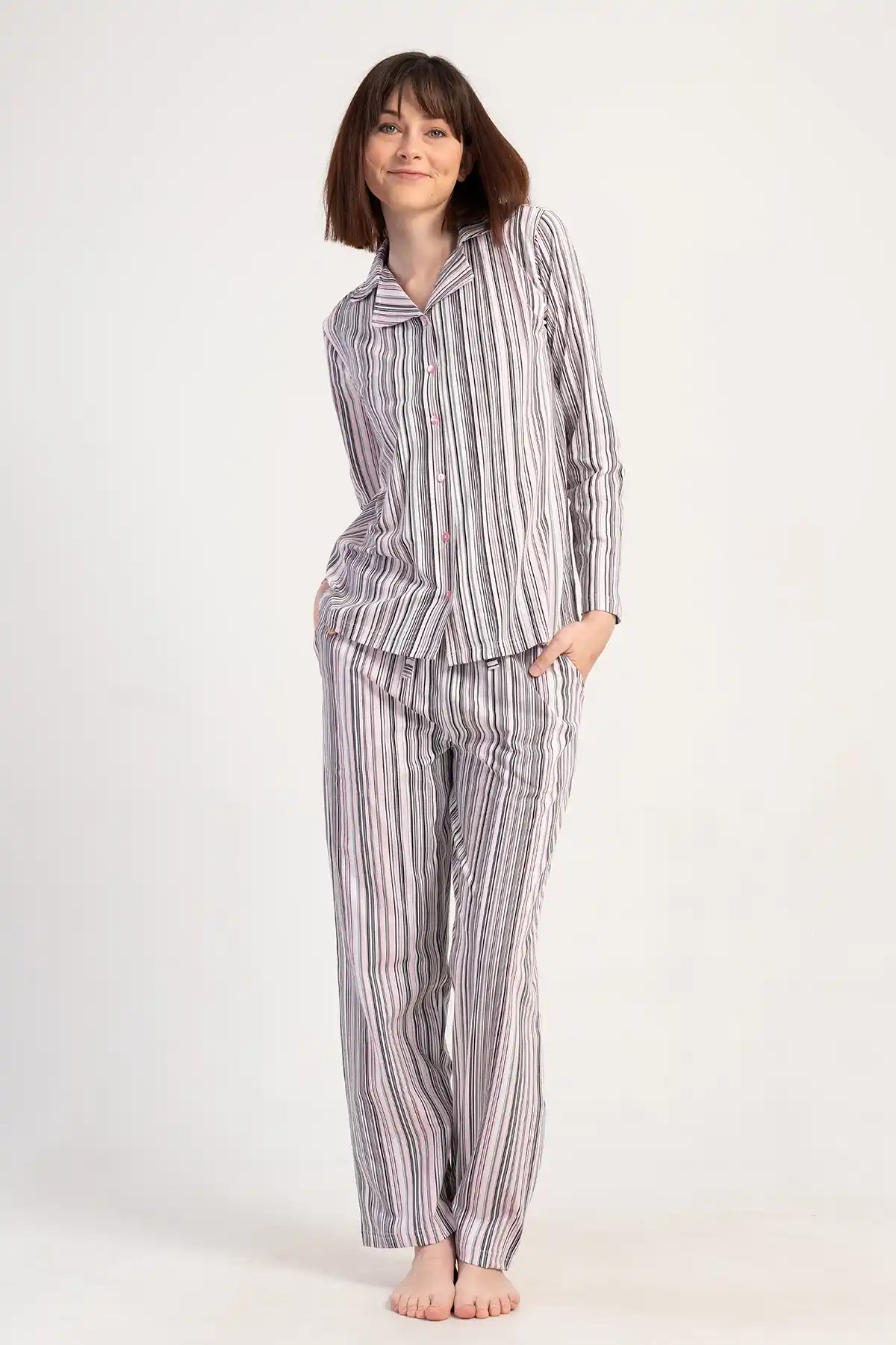 Kadın Süprem Pembe Gri Çizgili Uzun Kollu Gömlek Üst Pijama Takımı