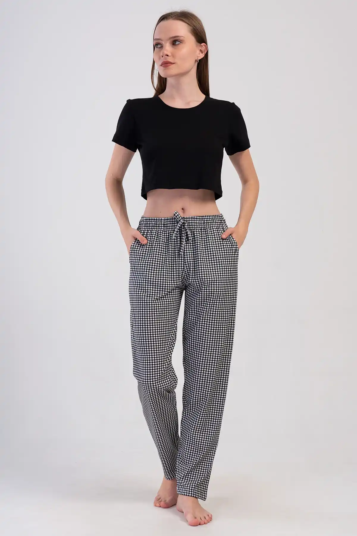 Kadın Süprem Siyah Ekoseli Cepli Pijama Altı