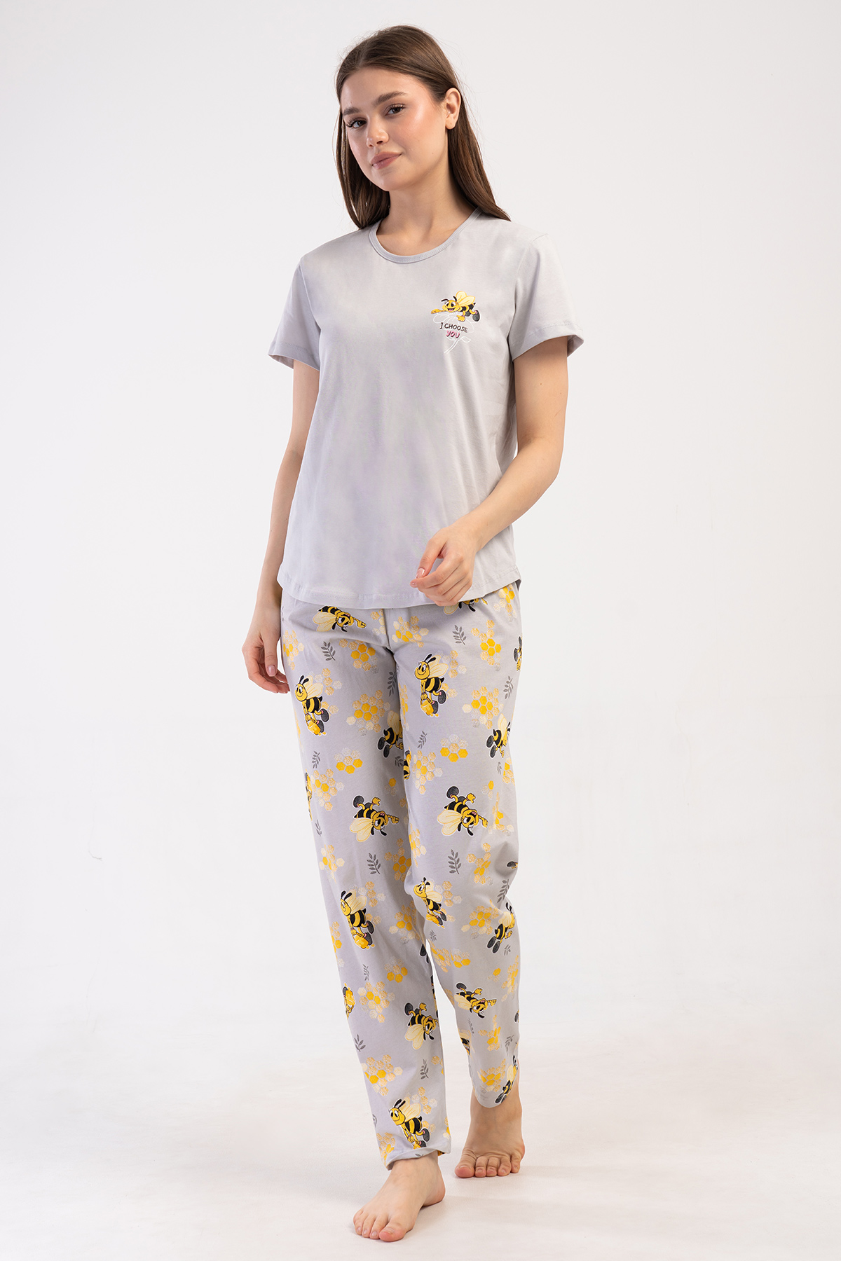 Kadın Taş Rengi Süprem O Yaka Kısa Kol Arılı Pijama Takım 