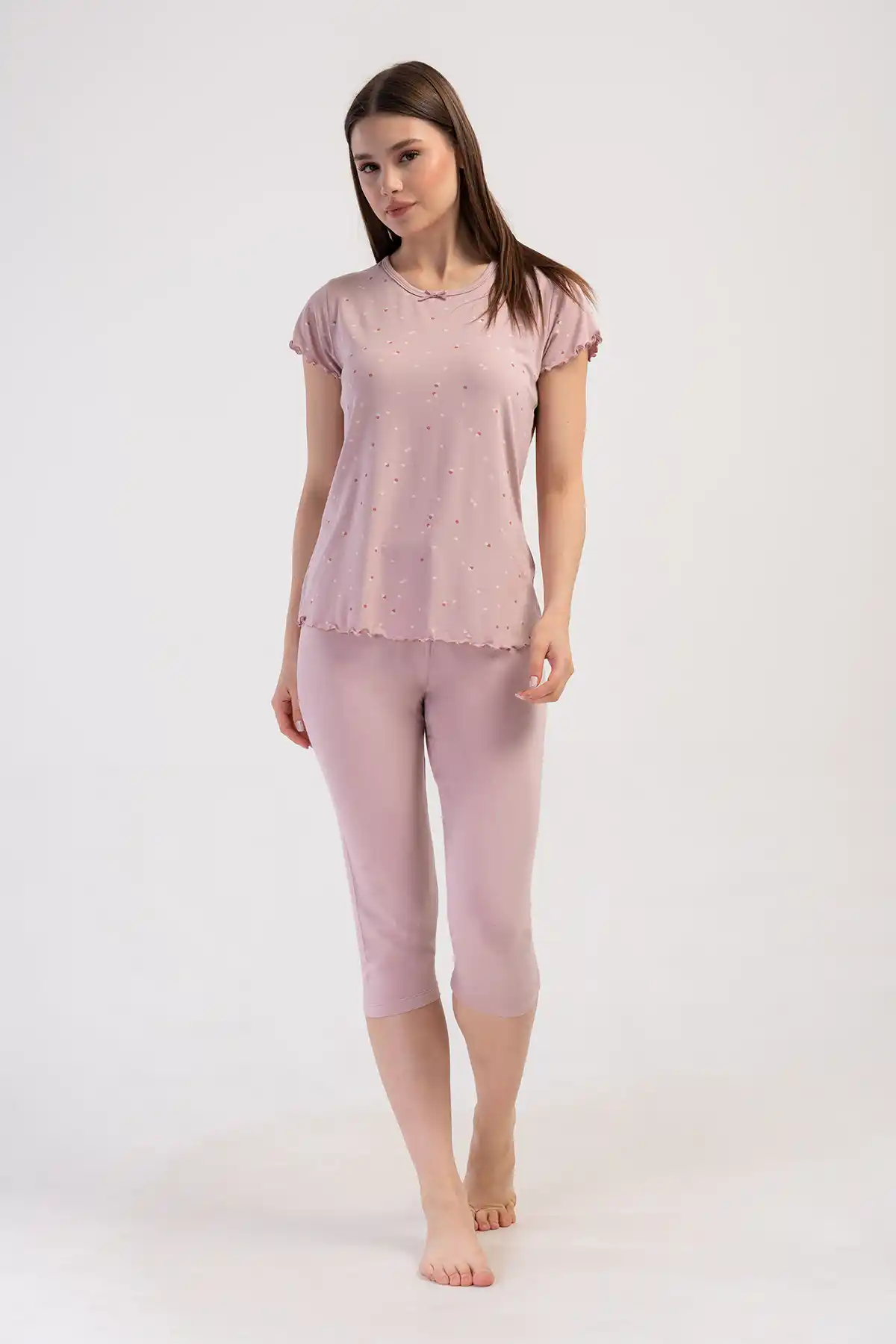 Kadın Viskon Pembe V Yaka Desenli Kapri Pijama Takım