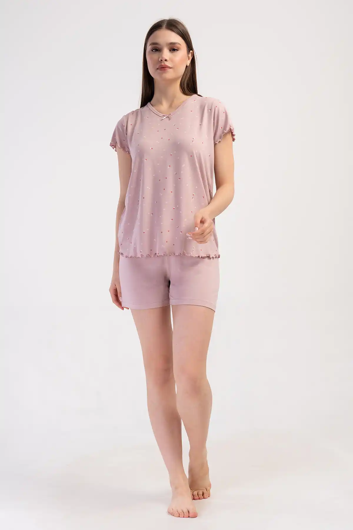 Kadın Viskon Pembe V Yaka Desenli Şortlu Pijama Takım