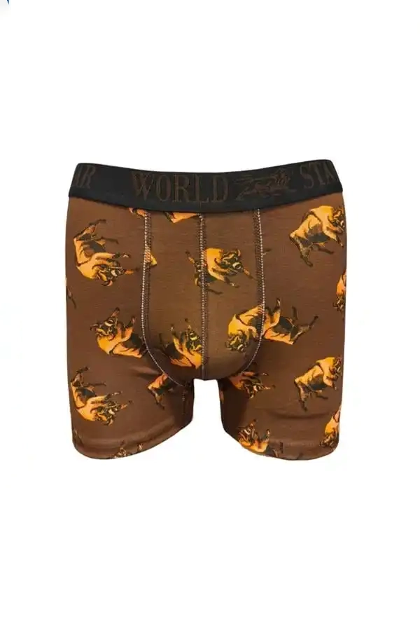 Kahverengi Likralı Pamuklu Boğa Desenli Erkek Boxer