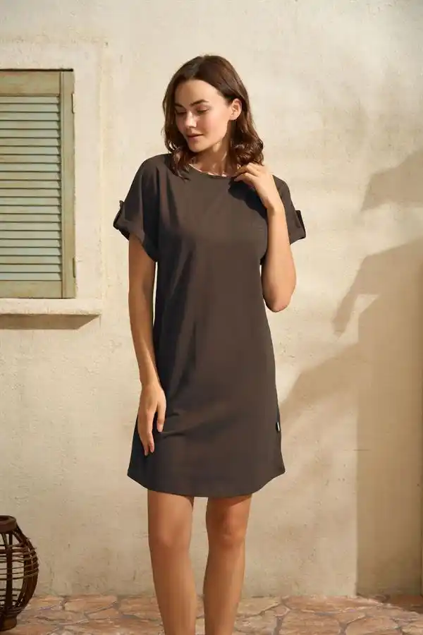Kahverengi Pamuk Bisiklet Yaka Kısa Kollu Düz Kadın Pijama Takımı