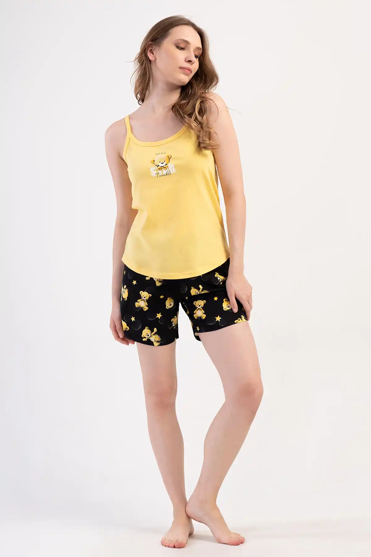 Kapın Süprem Sarı Siyah Ayıcık Desenli Askılı Şortlu Pijama Takım