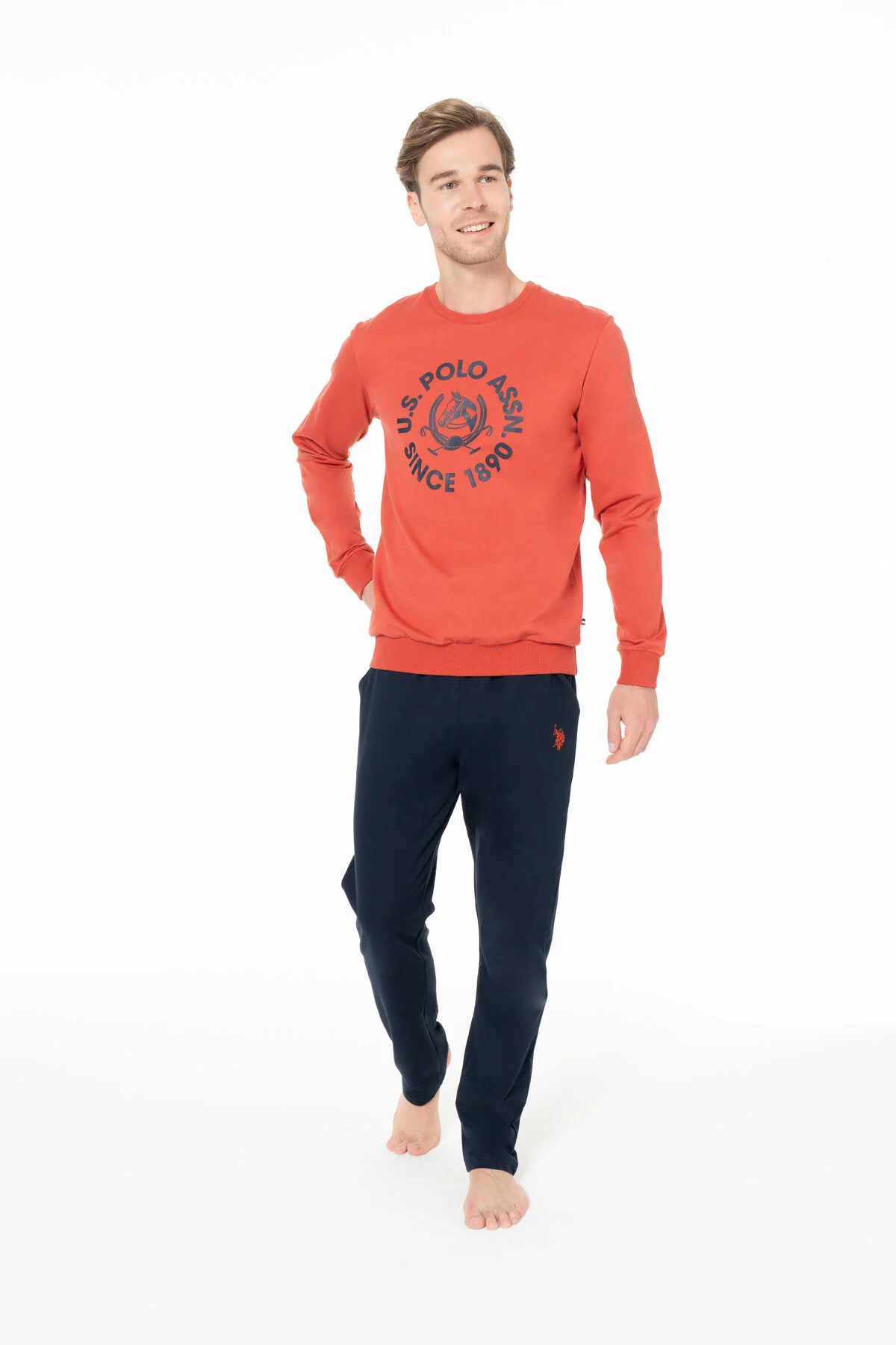 Kiremit Lacivert Pamuklu Erkek Bisiklet Yaka Uzun Kollu Pijama Takımı U.S. Polo Assn.