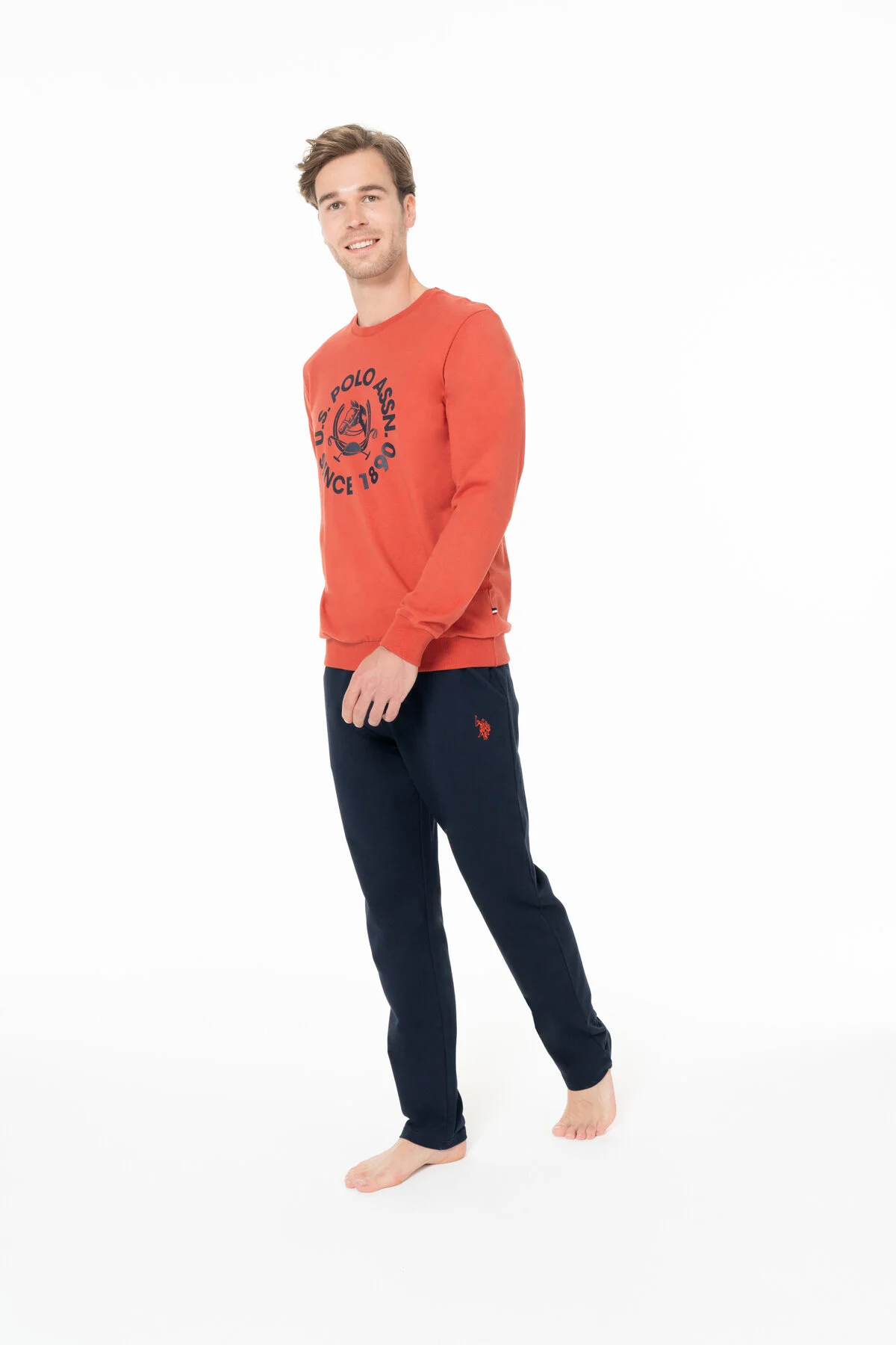 Kiremit Lacivert Pamuklu Erkek Bisiklet Yaka Uzun Kollu Pijama Takımı U.S. Polo Assn.
