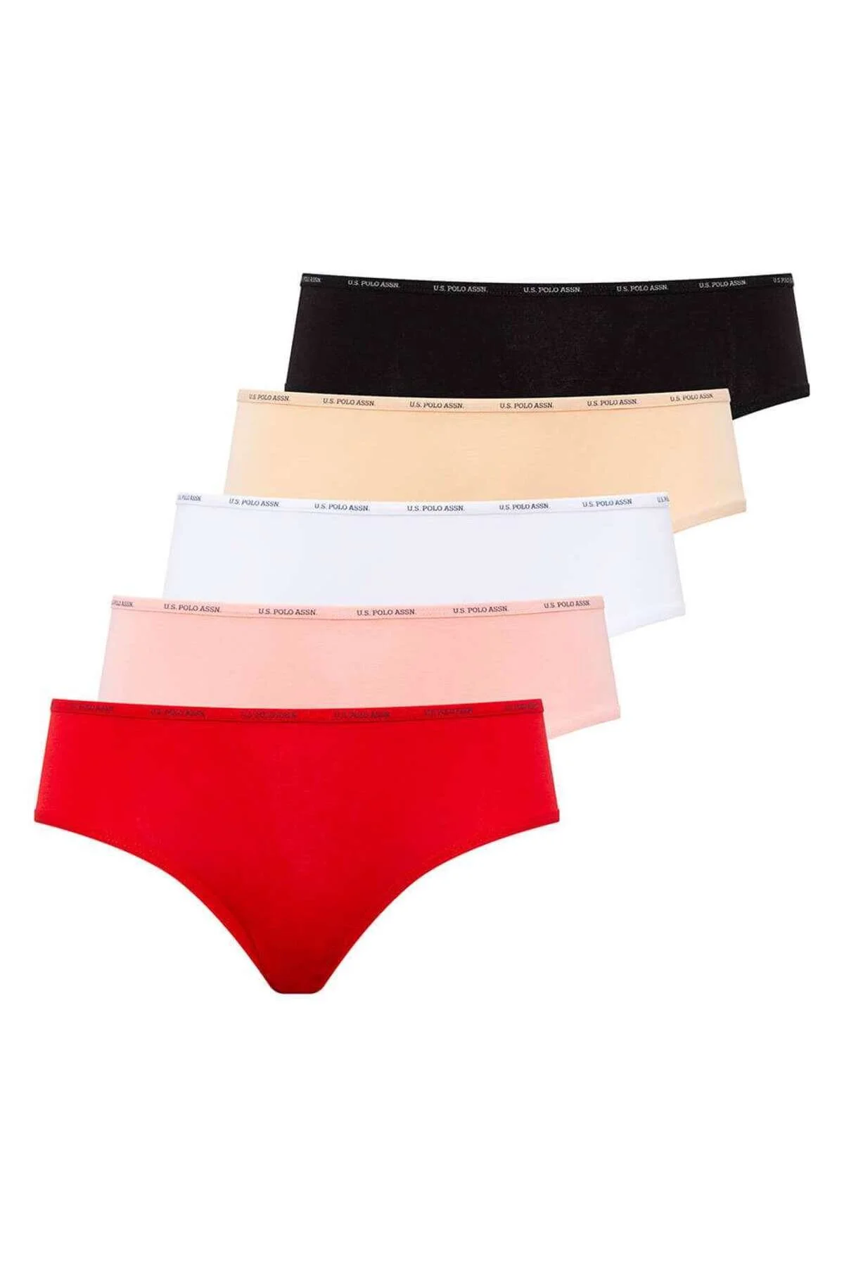 Kırmızı Somon Siyah Beyaz Ten Logolu Lastik Bel Kadın 5'li Yüksek Bel Slip Külot U.S. Polo Assn. 