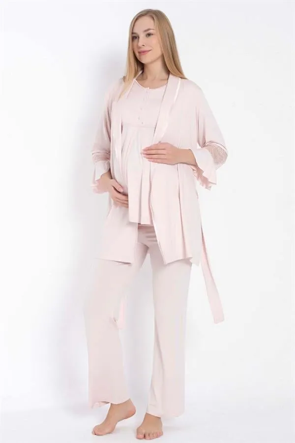 Kısa Kol Bisiklet Yaka Kadın Viskon Dantel Detaylı Hamile Pijama Takımı Sabahlık