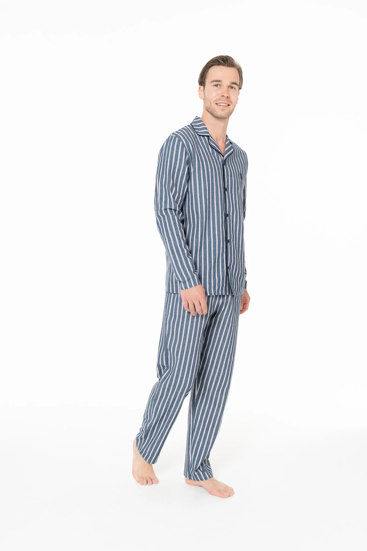 Lacivert Çizgili Erkek Uzun Kollu Gömlek Yaka Pijama Takımı U.S. Polo Assn.