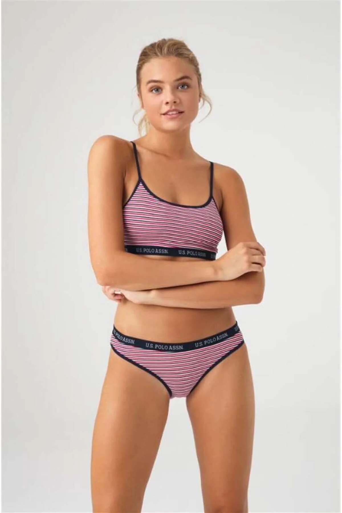Lacivert Çizgili Kadın İp Askılı Büstiyer Slip Takım U.S. Polo Assn.