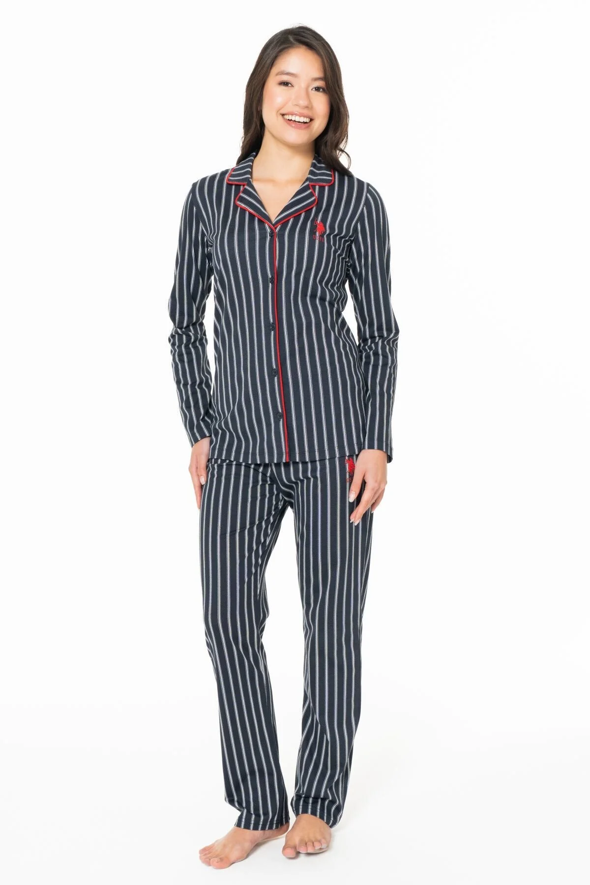 Lacivert Çizgili Kadın Uzun Kollu Gömlek Yaka Pijama Takımı U.S. Polo Assn.