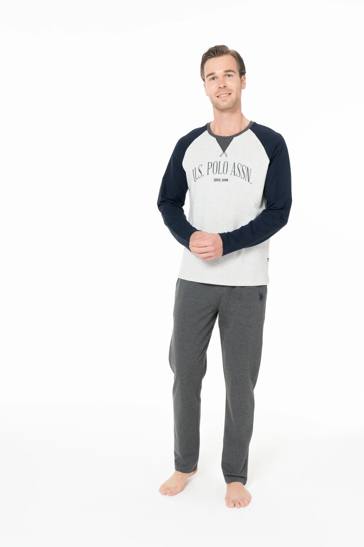 Lacivert Gri Pamuklu Erkek Bisiklet Yaka Uzun Kollu Raglan Kol Pijama Takımı U.S. Polo Assn.