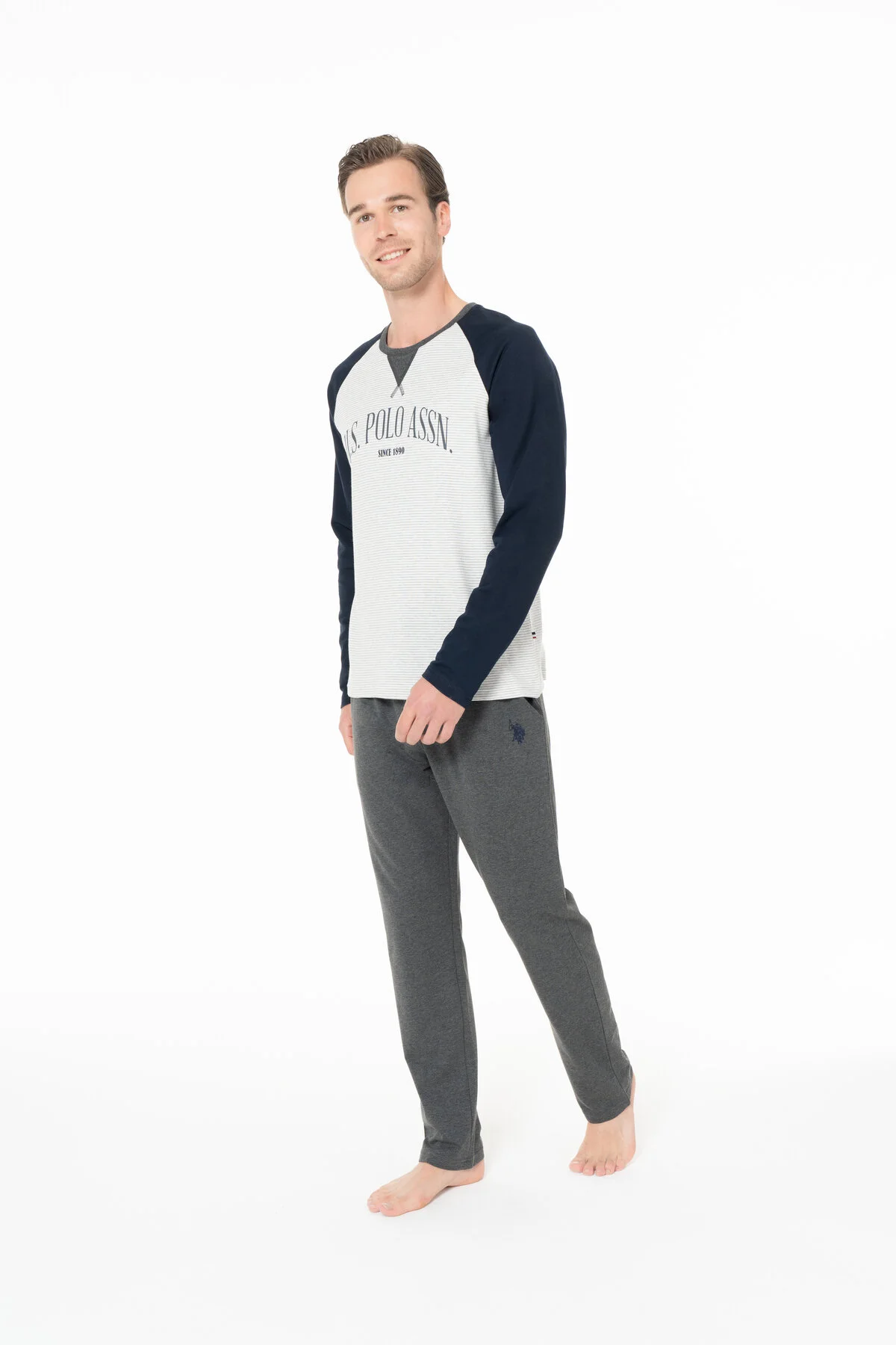 Lacivert Gri Pamuklu Erkek Bisiklet Yaka Uzun Kollu Raglan Kol Pijama Takımı U.S. Polo Assn.