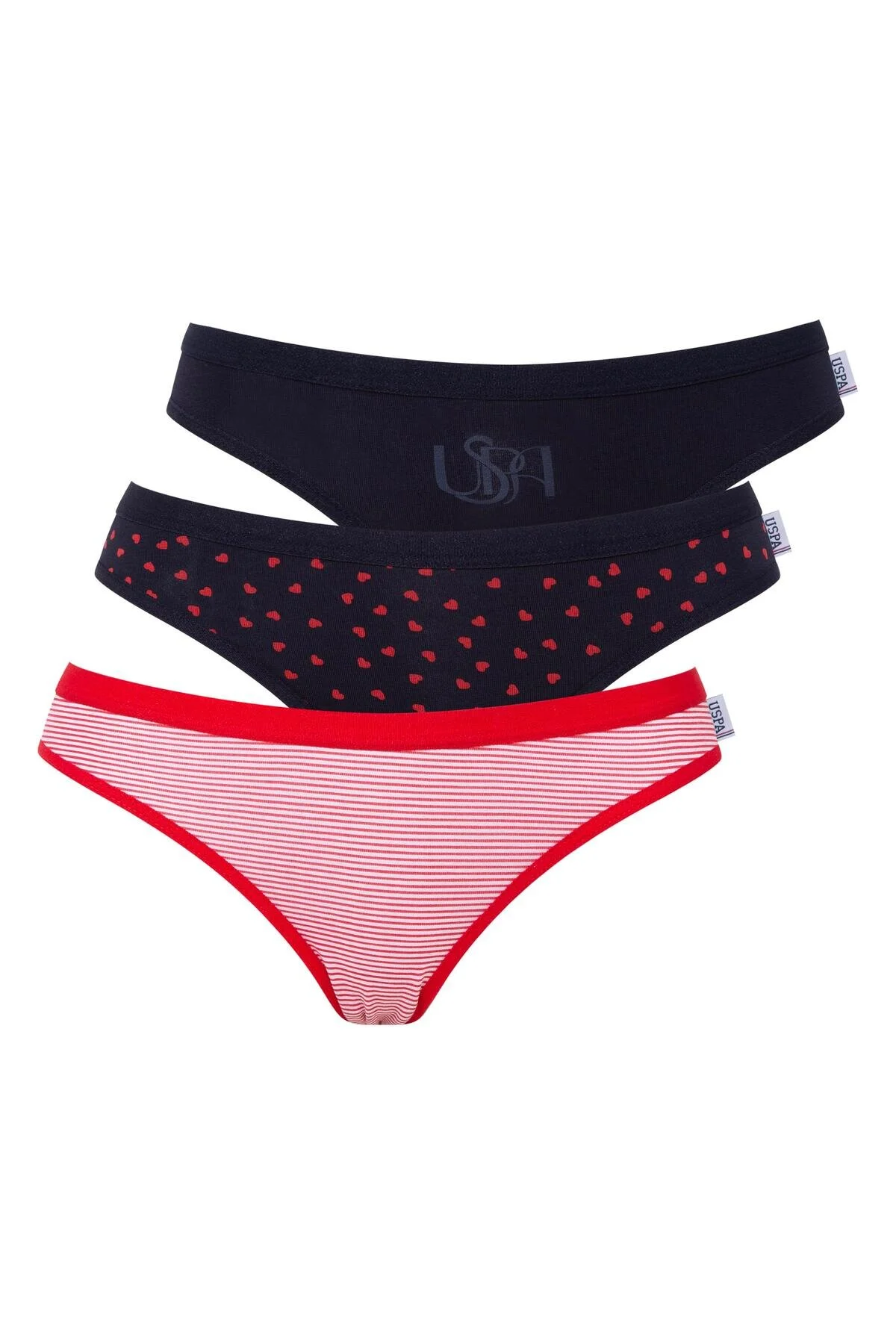 Lacivert Kırmızı Baskılı Çizgili Kadın Slip 3’lü Paket U.S. Polo Assn.