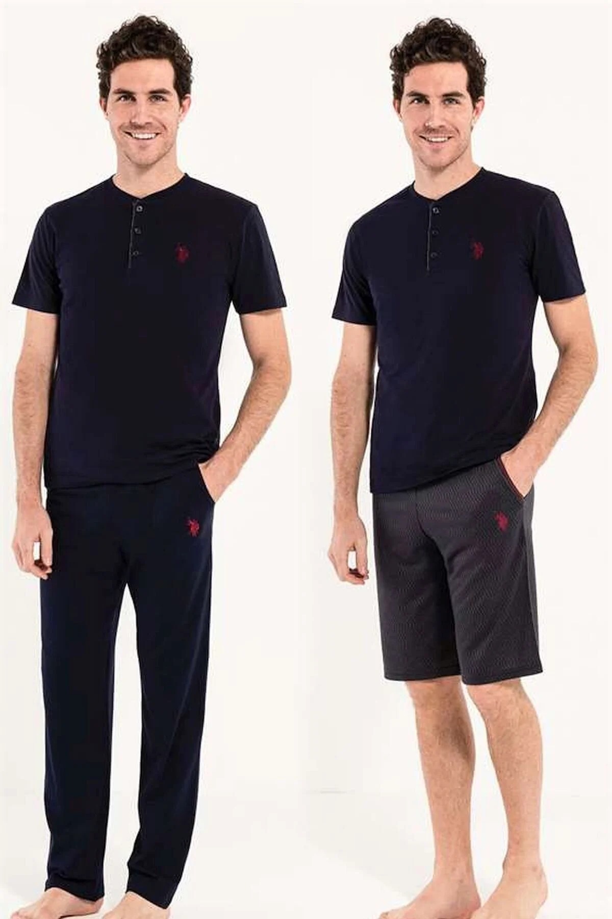 Lacivert Pamuklu Düğmeli Yaka Kısa Kollu Erkek 3'lü Pijama Takımı U.S. Polo Assn.