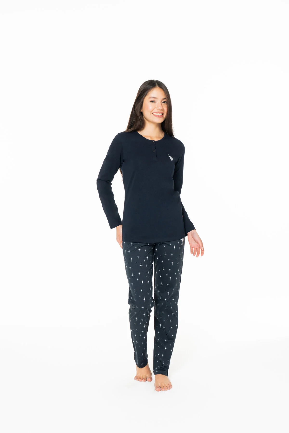 Lacivert Pamuklu Kadın Uzun Kollu Patlı Yaka Yıldız Desenli Pijama Takımı U.S. Polo Assn. 