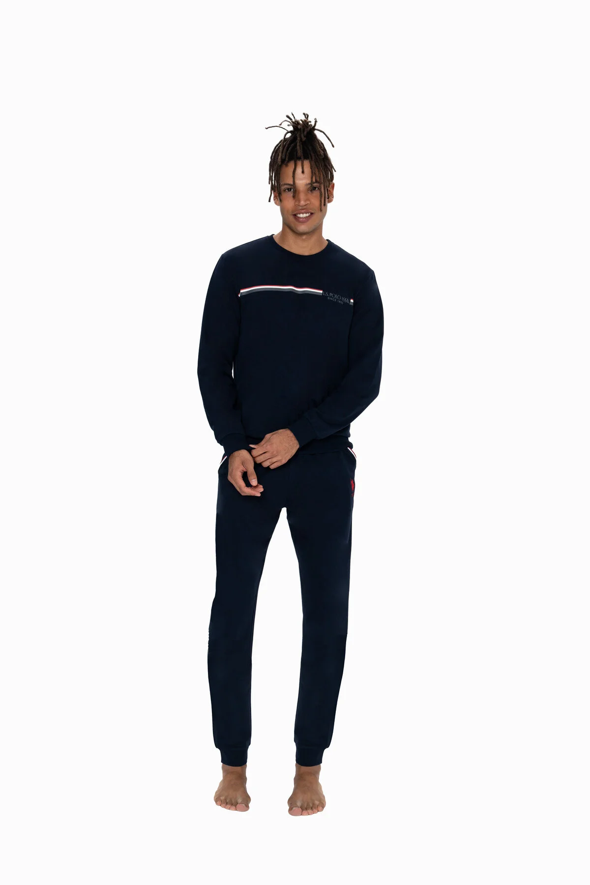 Lacivert Pamuklu Şerit Detaylı Bisiklet Yaka Erkek Pijama Takımı U.S. Polo Assn.