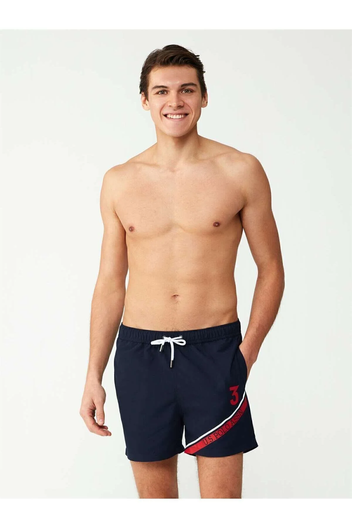Lacivert Polyester Şerit Detaylı Logo Baskılı Bağcıklı Erkek Orta Boy Deniz Şortu U.S. Polo Assn.