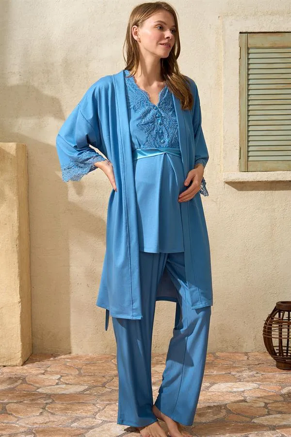 Mavi Viskon Sıfır Kol Dantel Detaylı Kadın Hamile Sabahlıklı Pijama Takımı