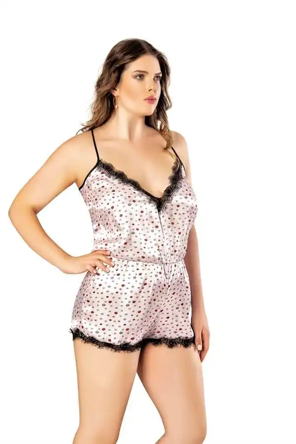 Öpücük Desenli Dantel İşlemeli Büyük Beden Saten Babydoll
