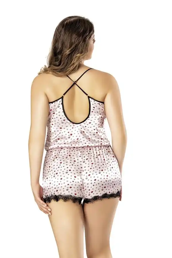 Öpücük Desenli Dantel İşlemeli Büyük Beden Saten Babydoll