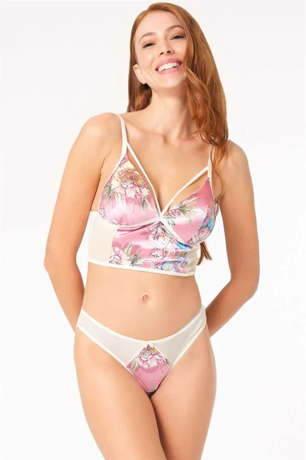 Pembe Kadife Çiçek Baskılı İp Askılı V Yakalı Balensiz Desteksiz Dolgusuz Kadın Bralet Sütyen Slip Takımı