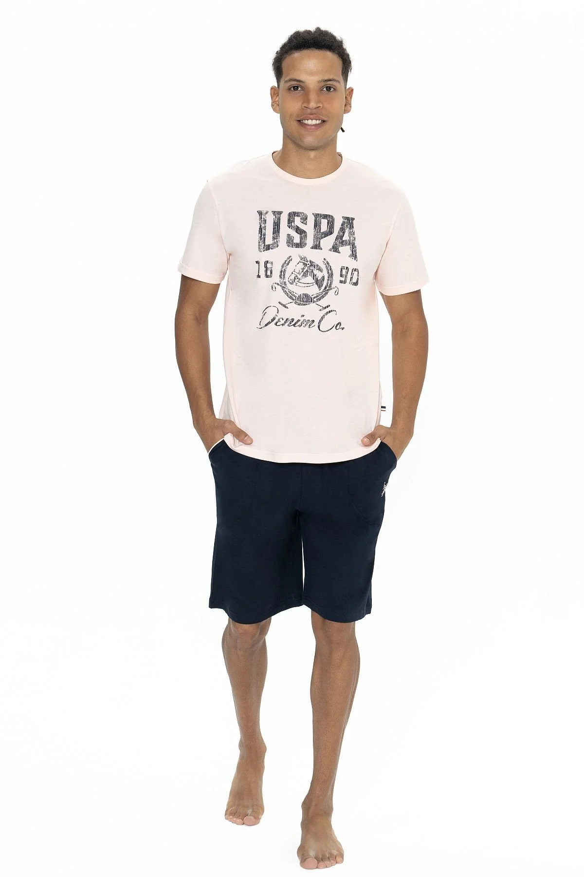 Pembe Pamuklu Baskılı Bisiklet Yaka Kısa Kollu Erkek Şortlu Pijama Takımı U.S. Polo Assn.