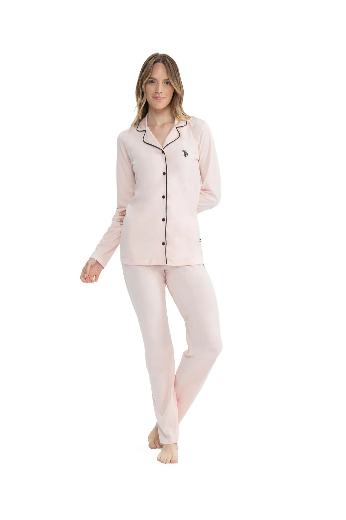 Pembe Pamuklu Düğmeli Gömlek Yaka Biyeli Kadın Pijama Takımı U.S. Polo Assn.