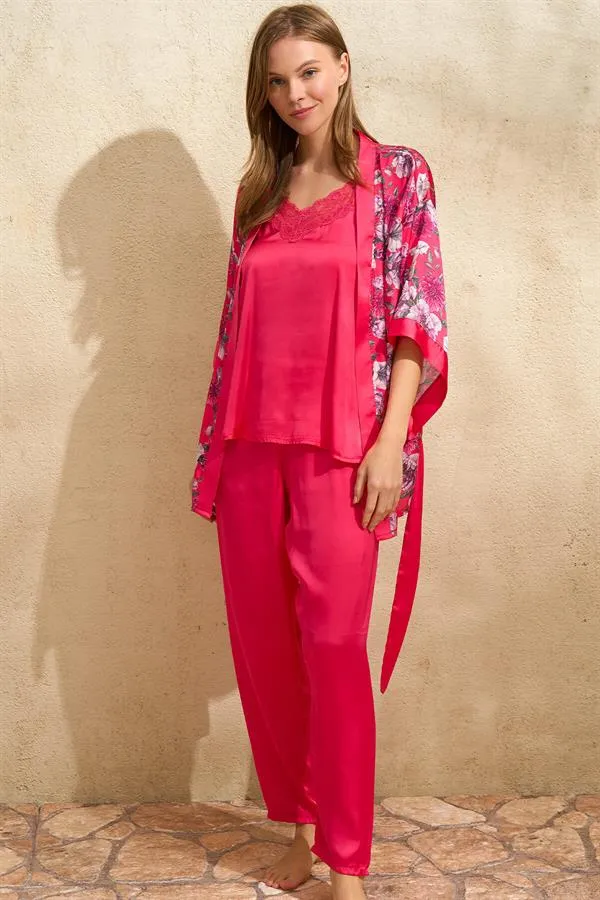 Pembe Saten Çiçek Baskılı Dantelli Kadın Sabahlık Atlet ve Pantolon Pijama 3lü Takım 