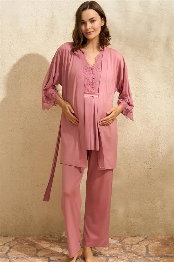 Pembe Viskon Sıfır Kol Dantel Detaylı Kadın Hamile Sabahlıklı Pijama Takımı