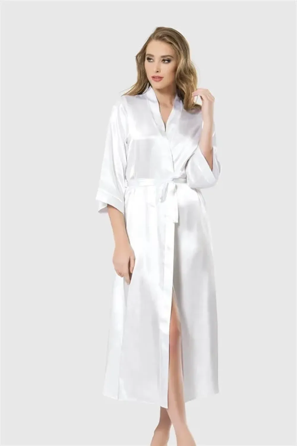 Beyaz Saten Kimono Kollu Kuşaklı Kadın Uzun Sabahlık