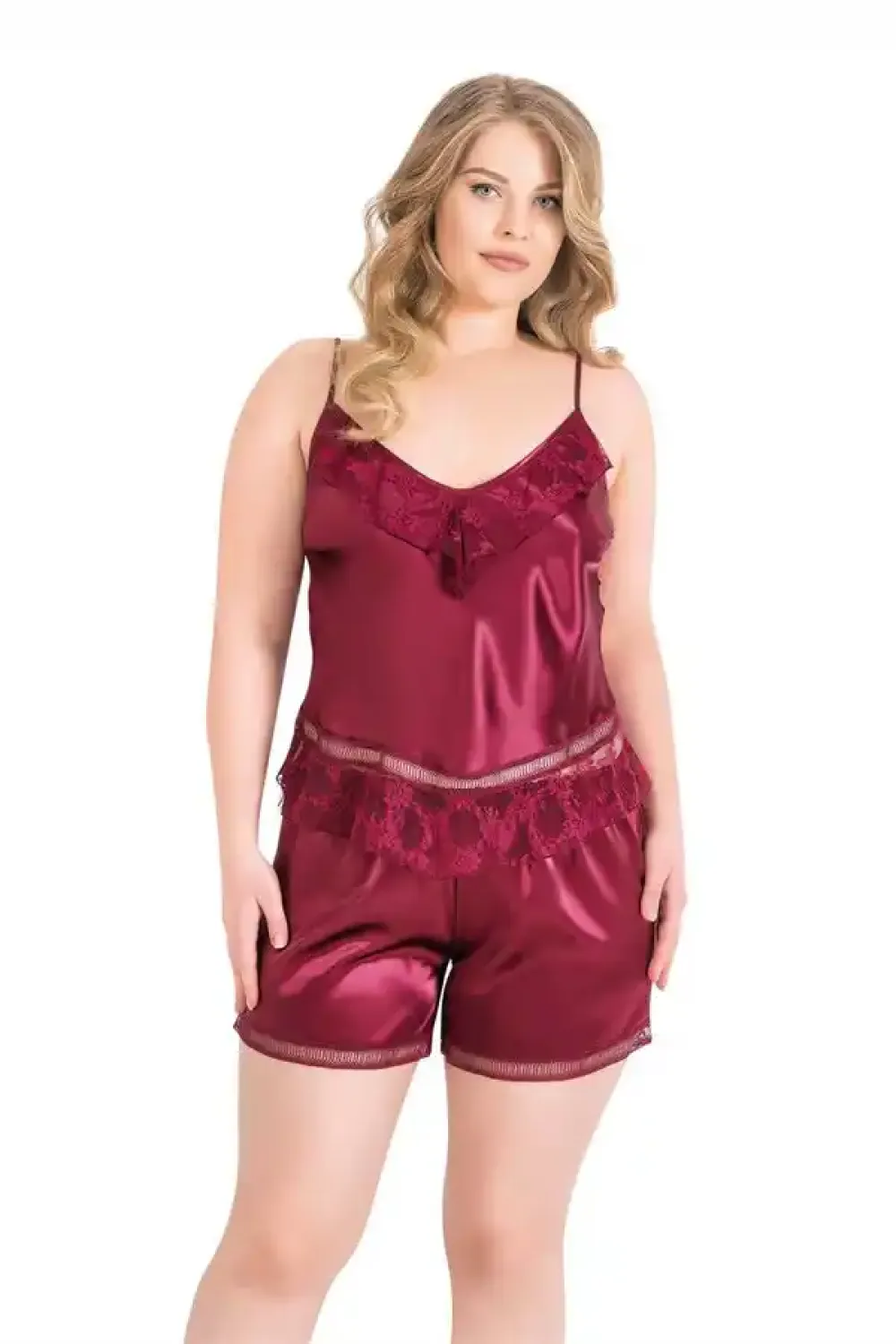 Bordo Büyük Beden Saten Dantelli Babydoll Şort Takımı