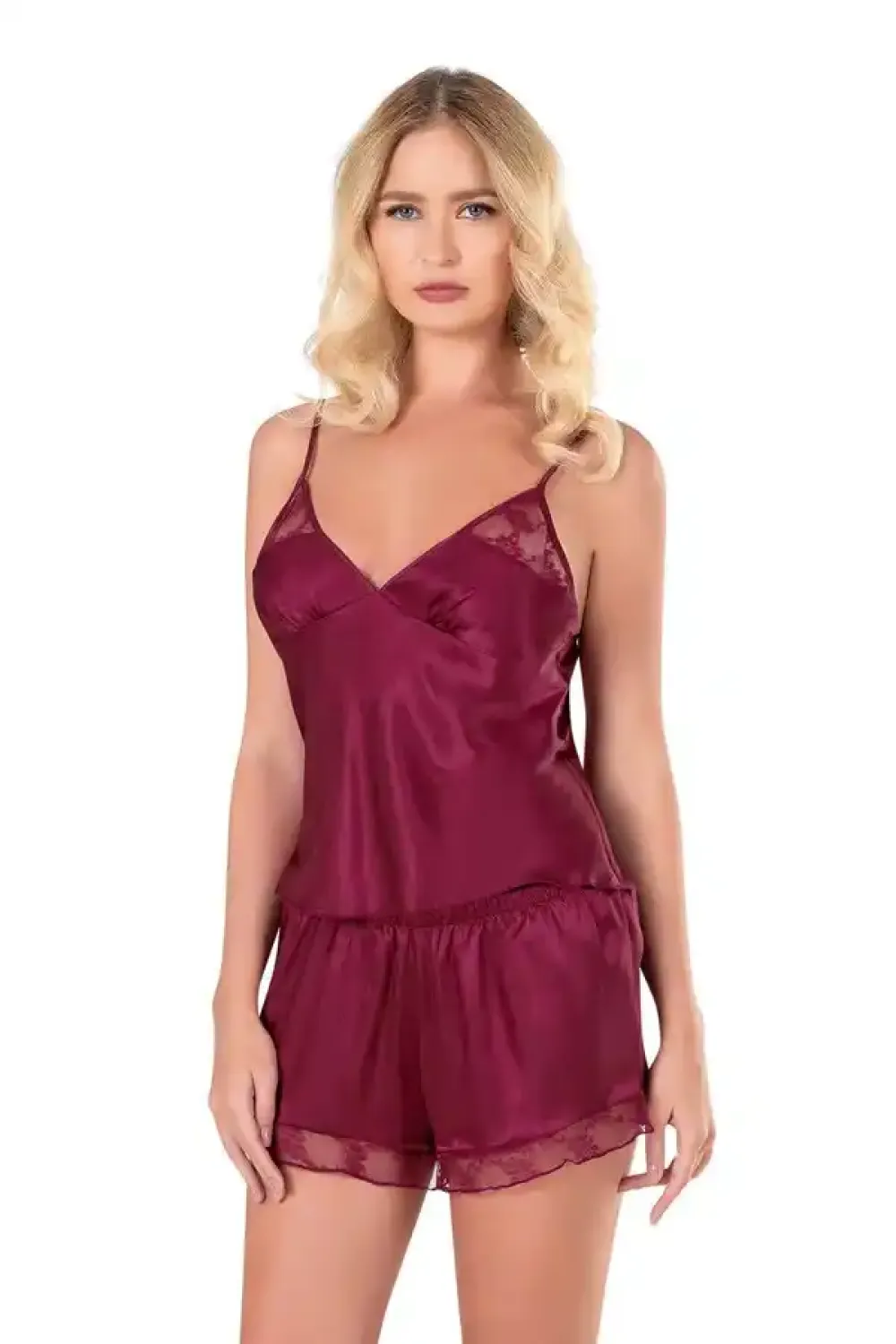 Bordo Saten Dantel Detaylı Kadın Şortlu Babydoll Takım
