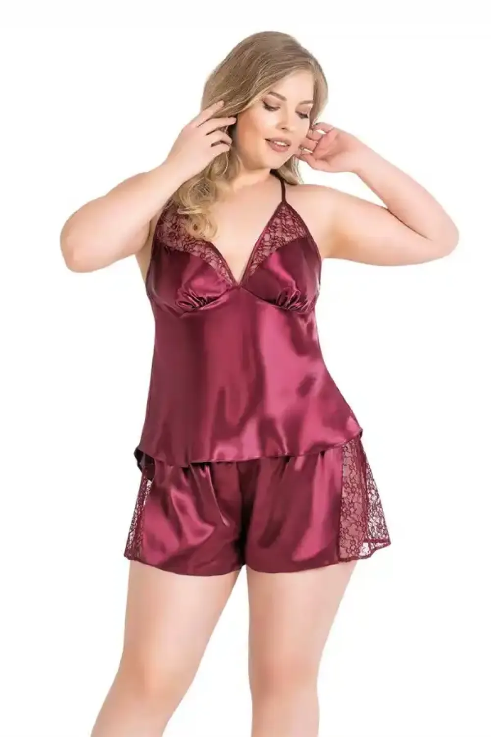 Bordo Saten Dantelli Kadın Fantezi Babydoll Şort Takımı Büyük Beden