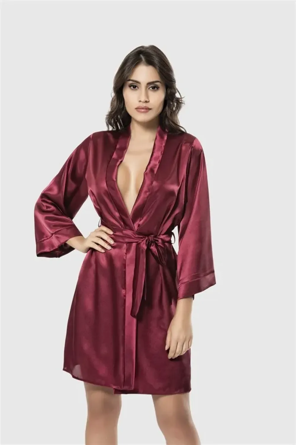 Bordo Saten Kimono Kollu Kuşaklı Kadın Kısa Sabahlık 