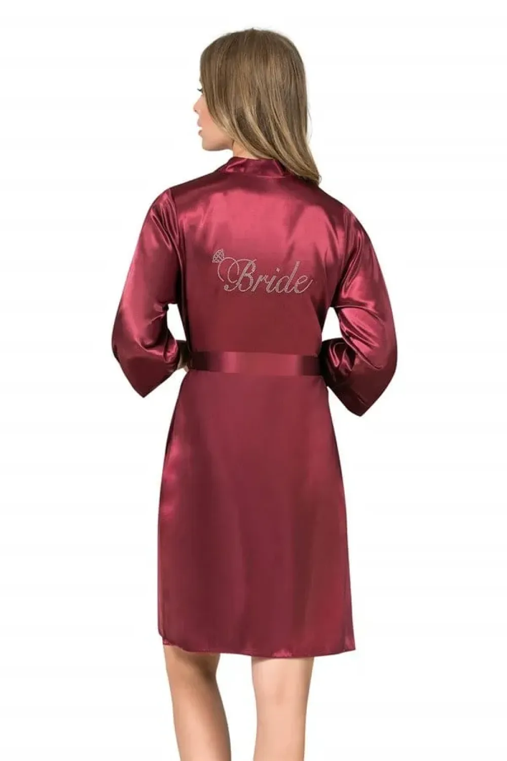 Bordo Saten Taş İşlemeli Bride Yazılı Kadın Kısa Sabahlık