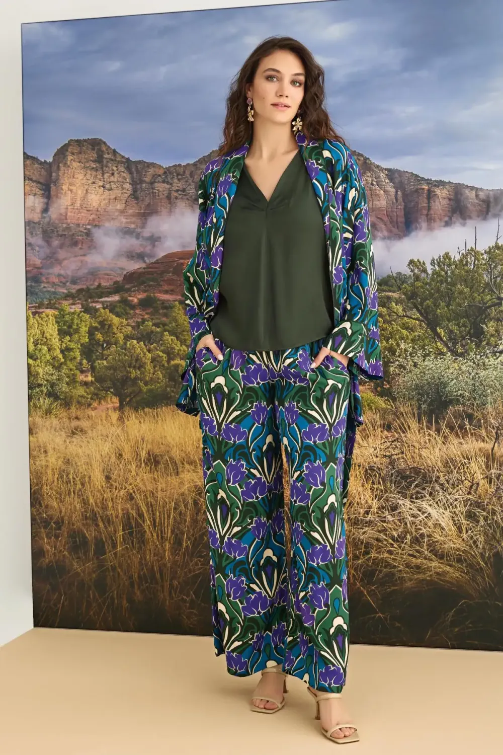 Çiçek Desenli 3 lü Saten Yeşil Pijama Takımı