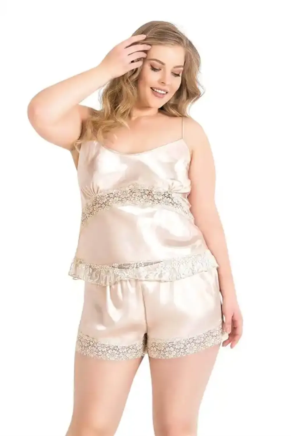Fildişi Saten Dantelli Büyük Beden Babydoll Şort Takım 