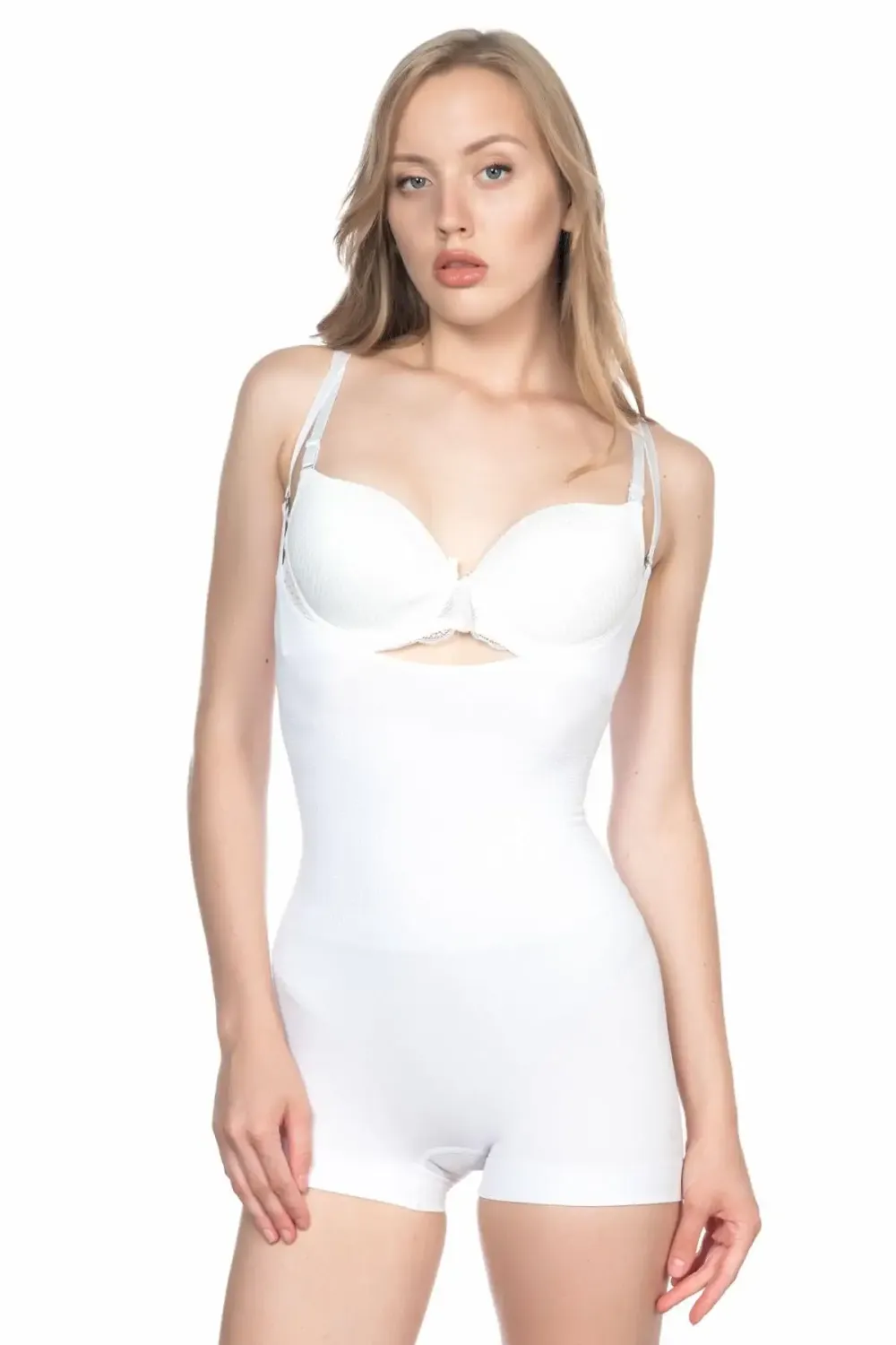 Göğsü Açık Kısa Paça Beyaz Body Korse