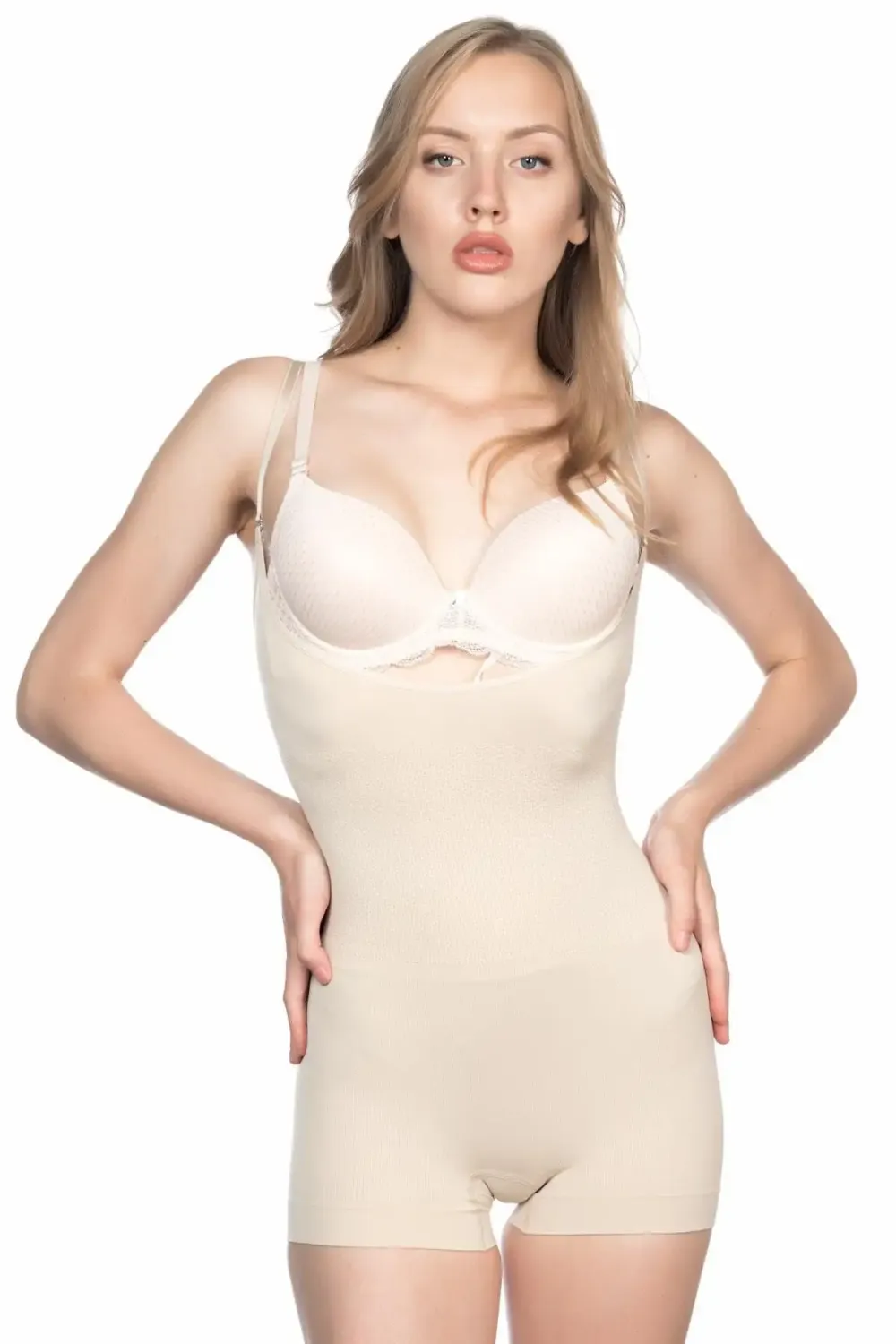 Göğsü Açık Kısa Paça Ten Rengi Body Korse