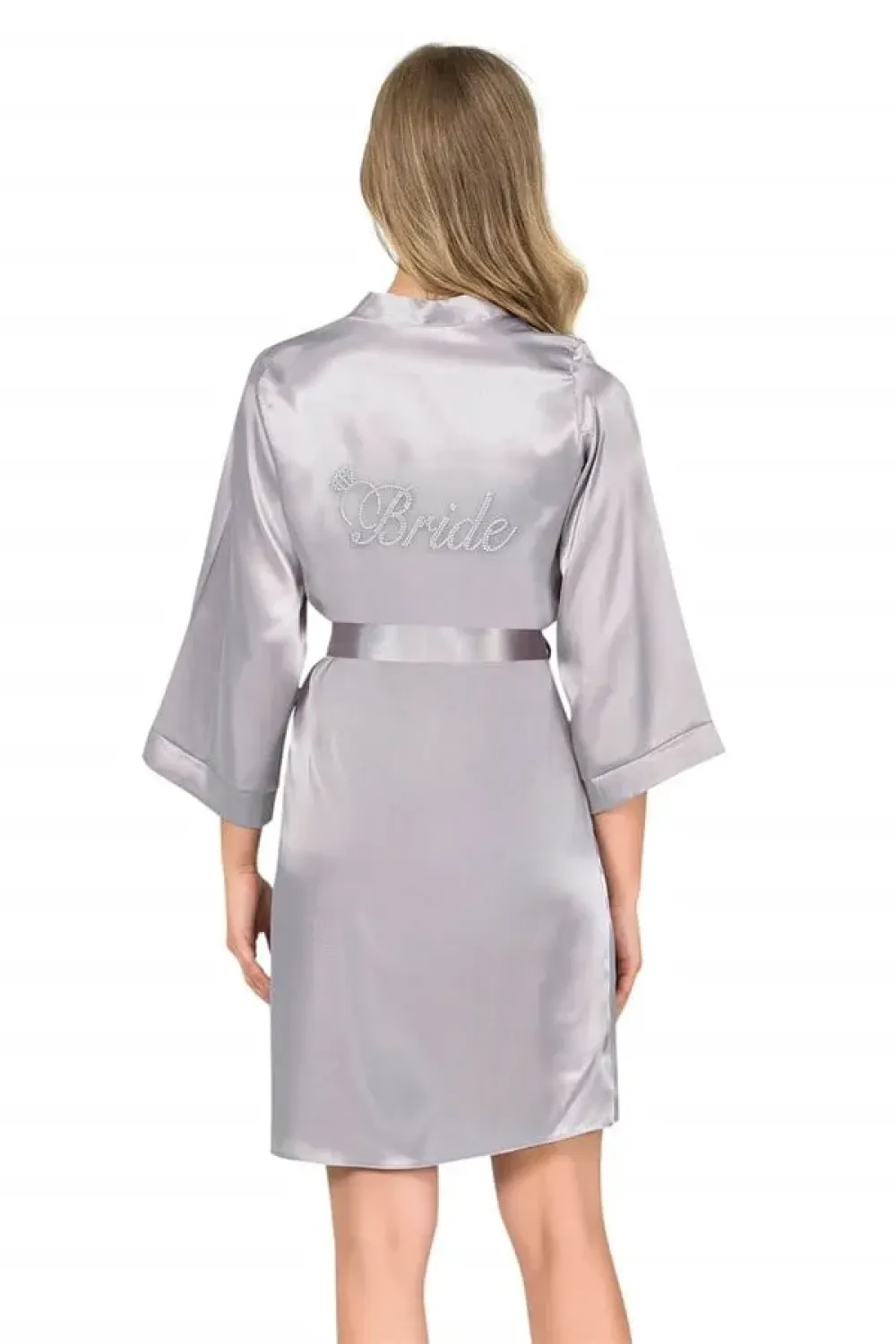 Gri Saten Taş İşlemeli Bride Yazılı Kadın Kısa Sabahlık