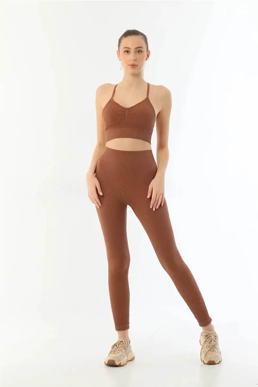 Kahverengi Soft Seamless Ripli Tayt Yoga Takımı
